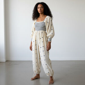 Free People Dahlia Jumpsuit Size Small Smocked Embroidered Boho Prairie Cottage